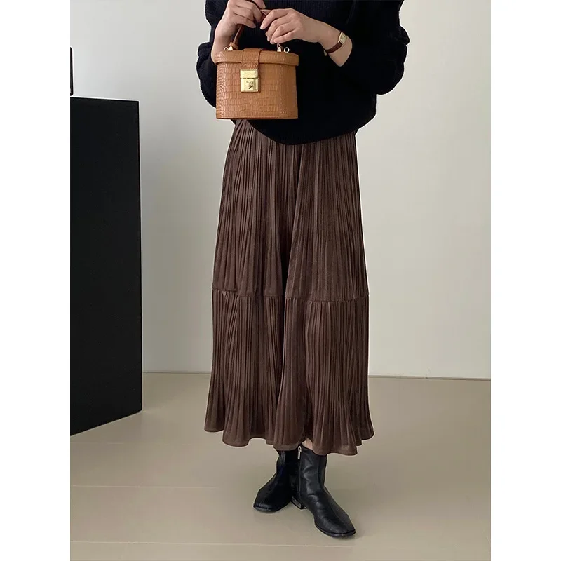 

Golden Velvet Thickened Skirt for Women's Autumn and Winter Pleated Elastic Waist Versatile Long Skirt Korean Fashion Clothing