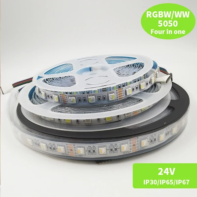 

Светодиодная лента RGBW/RGBWW, 5 м, 4 цвета в 1, 60/84/96 светодиодов на метр, 5050 SMD, гибкая световая полоса высокой яркости, 12 В, 24 В постоянного тока, IP30/65/IP67