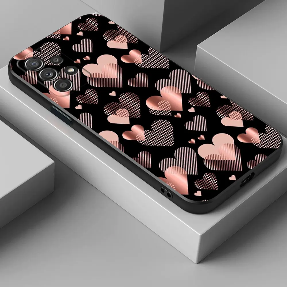 Gold Pink Rose Leaf Glitter Hearts Design Phone Case - Elegant Black Cover