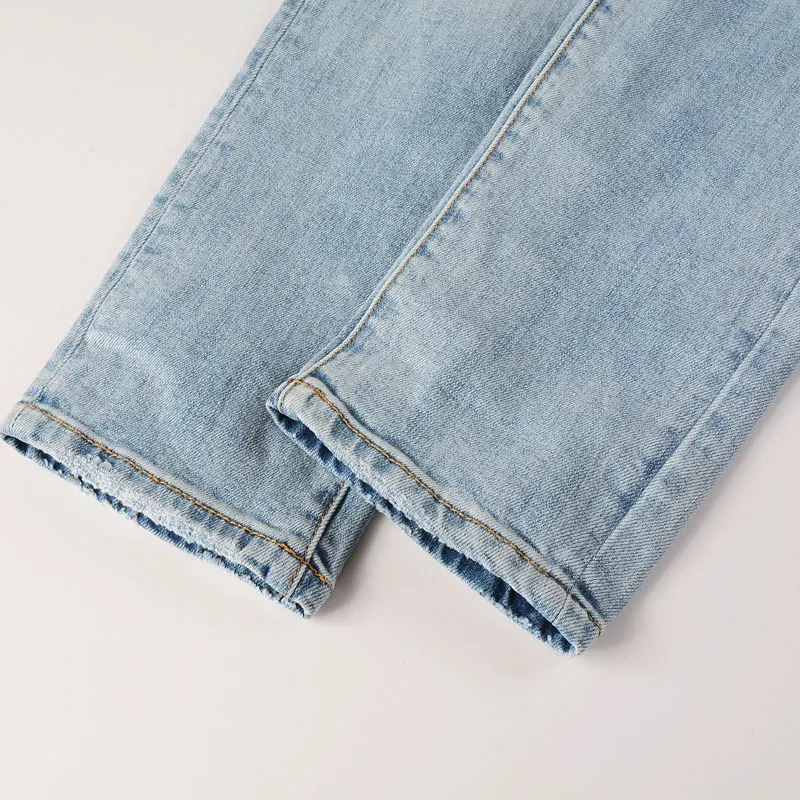 Street Fashion Men's Jeans Retro Light Blue Elastic Slim Fit Split Jeans Men's Black Patch Panel Designer Hip Hop Brand Pants Ho