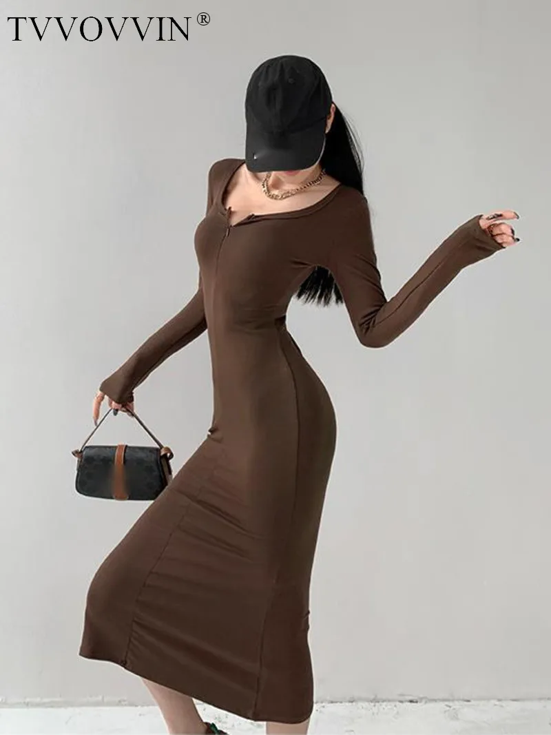 

TVVOVVIN Pure Desire Square Neck Zipper Tight Waist Dress Women's Slim Medium Long Sleeve Fishtail Dresses Sweet L8HP