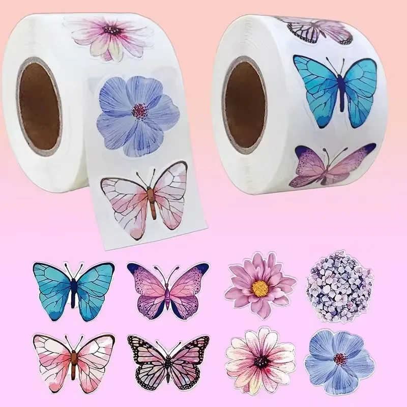500Pcs/Roll 2.5cm Butterfly Flower Shaped Sticker Paper Label DIY Stationery Sticker Kids Birthday Party Gift Box Bag Decoration