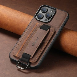 Lychee Skin Print Wrist Strap Card Holder Phone Case - Black/Blue/Brown for iPhone 17 (Brown)
