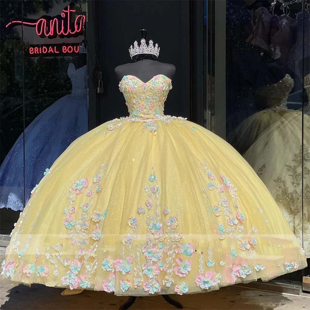 ANGELSBRIDEP Glitter Yellow Quinceanera Dresses Ball Gowns 3D Flower Sweet 16 Dress Princess Birthday Party Vestido De 15 Anos