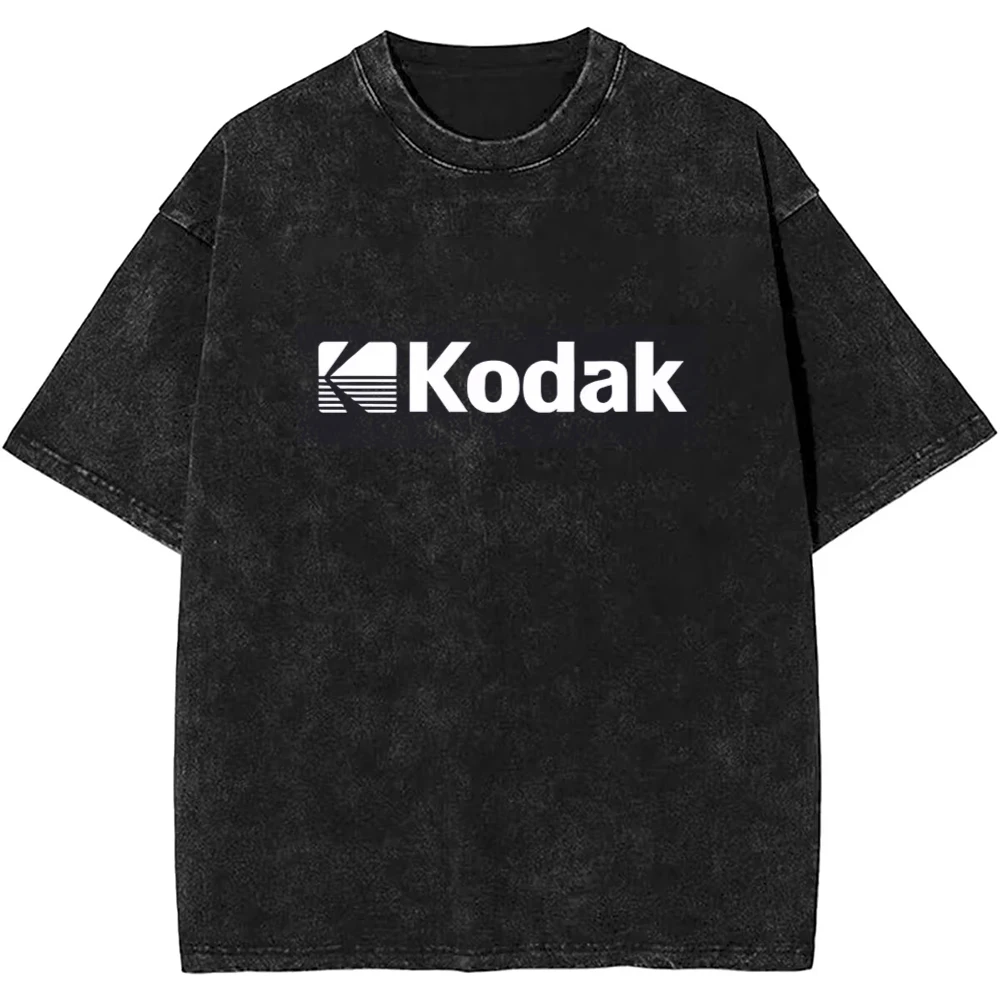 2026 Washed Black Kodak Gestreiftes K-Logo Print T-Shirt Koreanische Streetwear Baumwolle Oversized Retro Tops Herren Damen Alltags-Freizeitkleidung