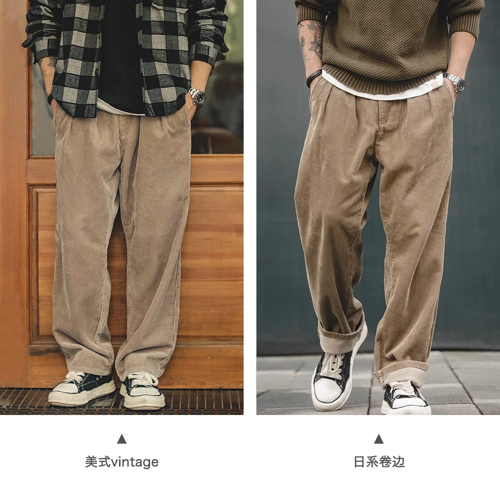 Maden Vintage Loose Corduroy Pants Wide Leg Mid Waist Striped Velvet Straight Leg Pants Men's Autumn Cargo Pants 2