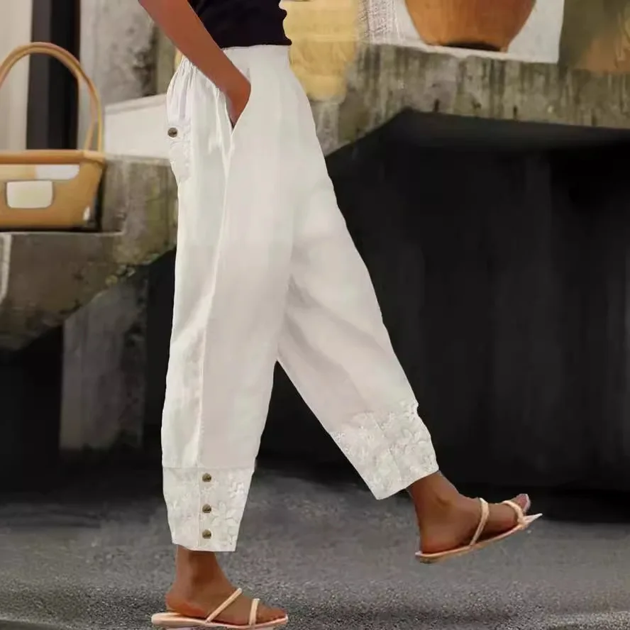 Women Fashion Embroidered Lace Trousers Vintage Lace-Up Pockets Pants Summer Elegant Loose Elastic Waist Long Pants Streetwears
