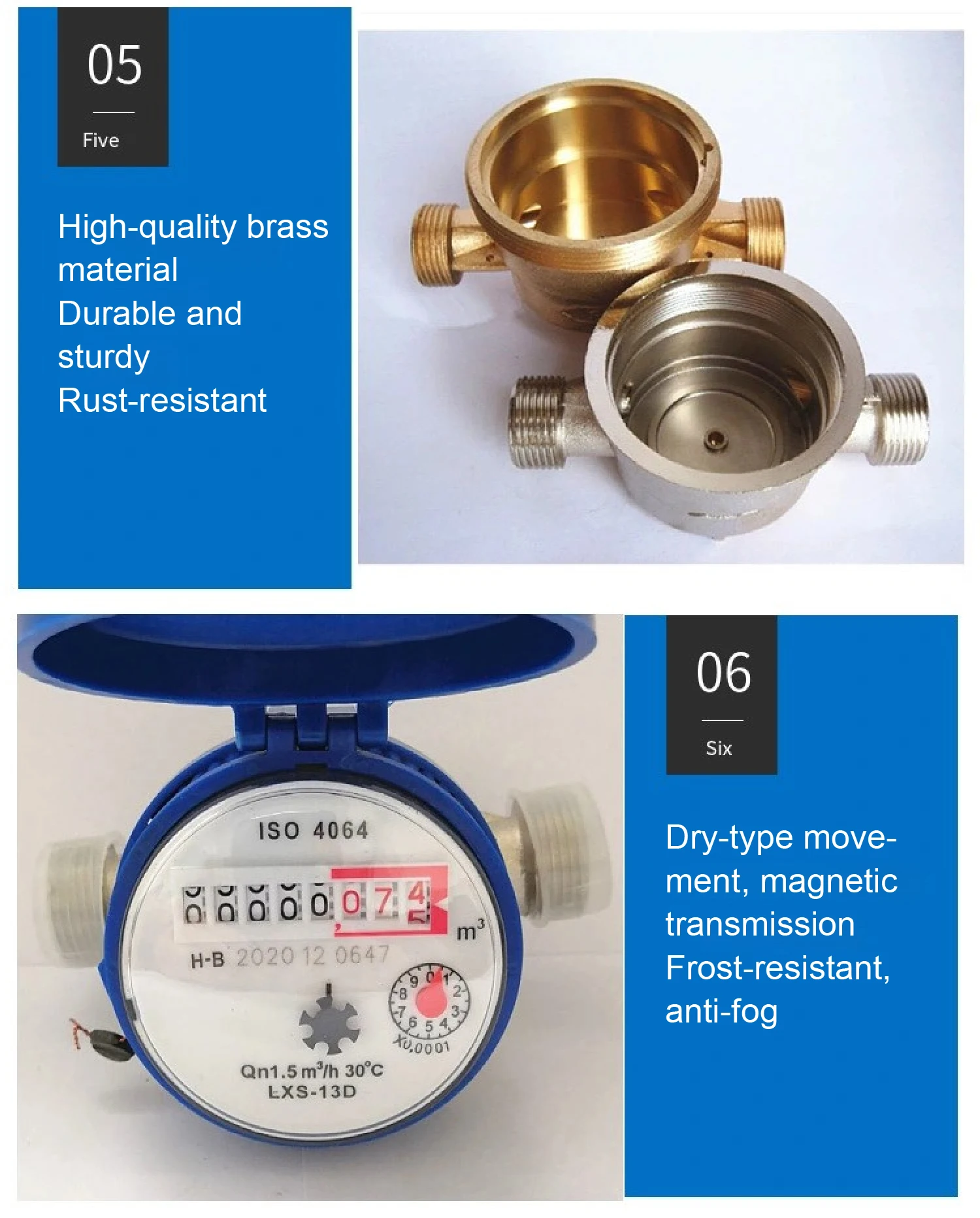 LXSG-13D ISO4064 Class B Single Jet Water Meter Dry Dial Brass Nickel Plated Mag
