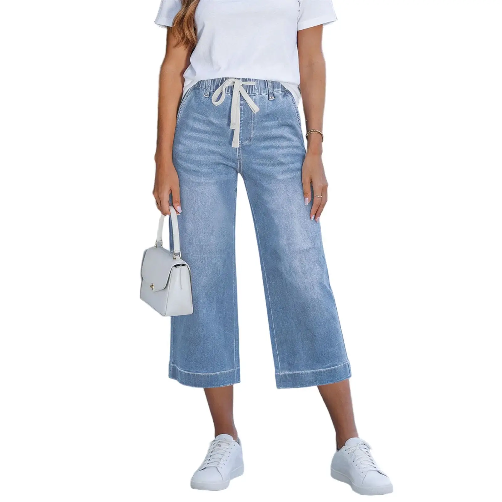 Capri Pants For Women Summer Drawstring Elastic Waist Jeans Female Straight Casual Wide Leg Trousers Streetwear Denim Capris - 3