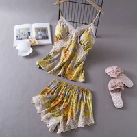 Lisacmvpnel Ice Silk With Chest Pad Women 2 Pcs Set Pajamas Lace Sexy V-Neck Sexy Nightwear - Image 2