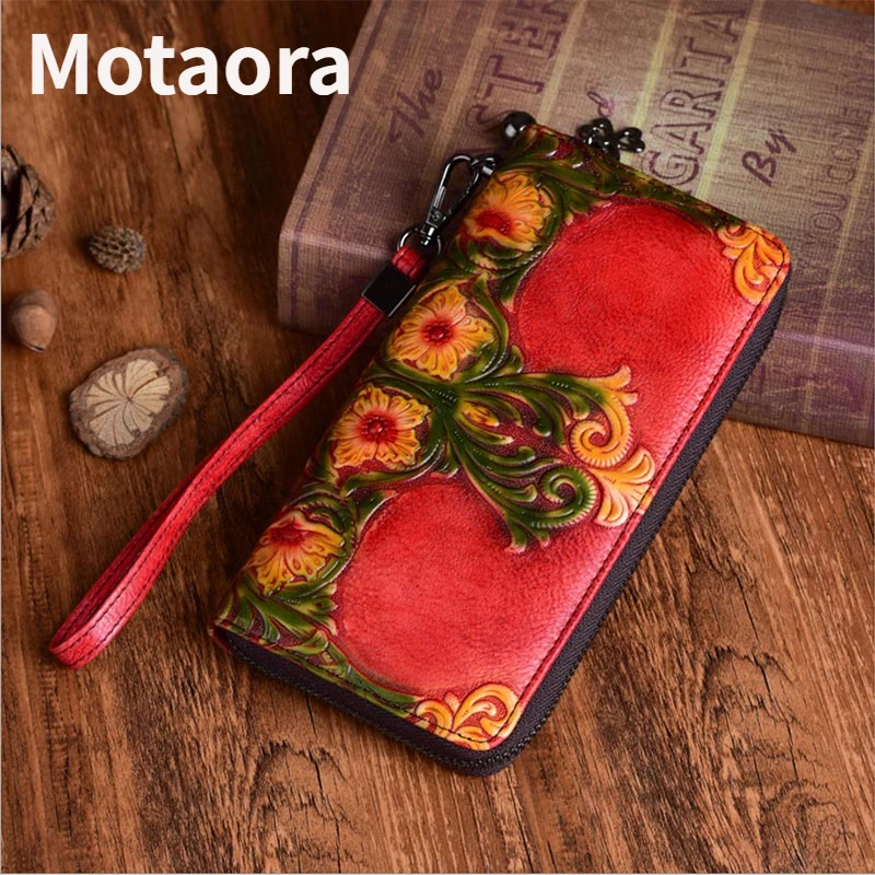 MOTAORA-정품 가죽 럭셔리 지갑 여성용, 빈티지 양각, 레이디, 롱 클러치 백, 수제 패션 카드 홀더, 2023 년 신제품