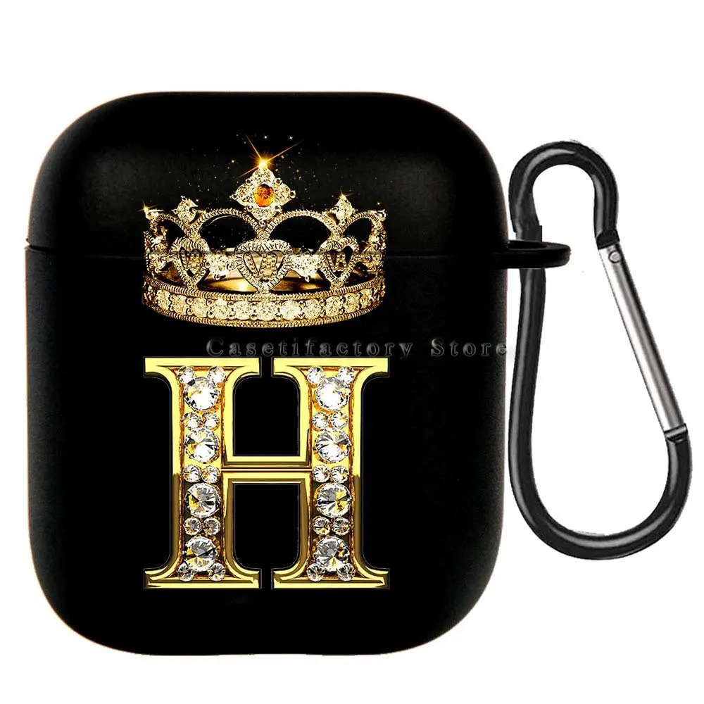 Elegant Diamond Crown Initial AirPods Case - Black Wireless Bluetooth Earphone Cover