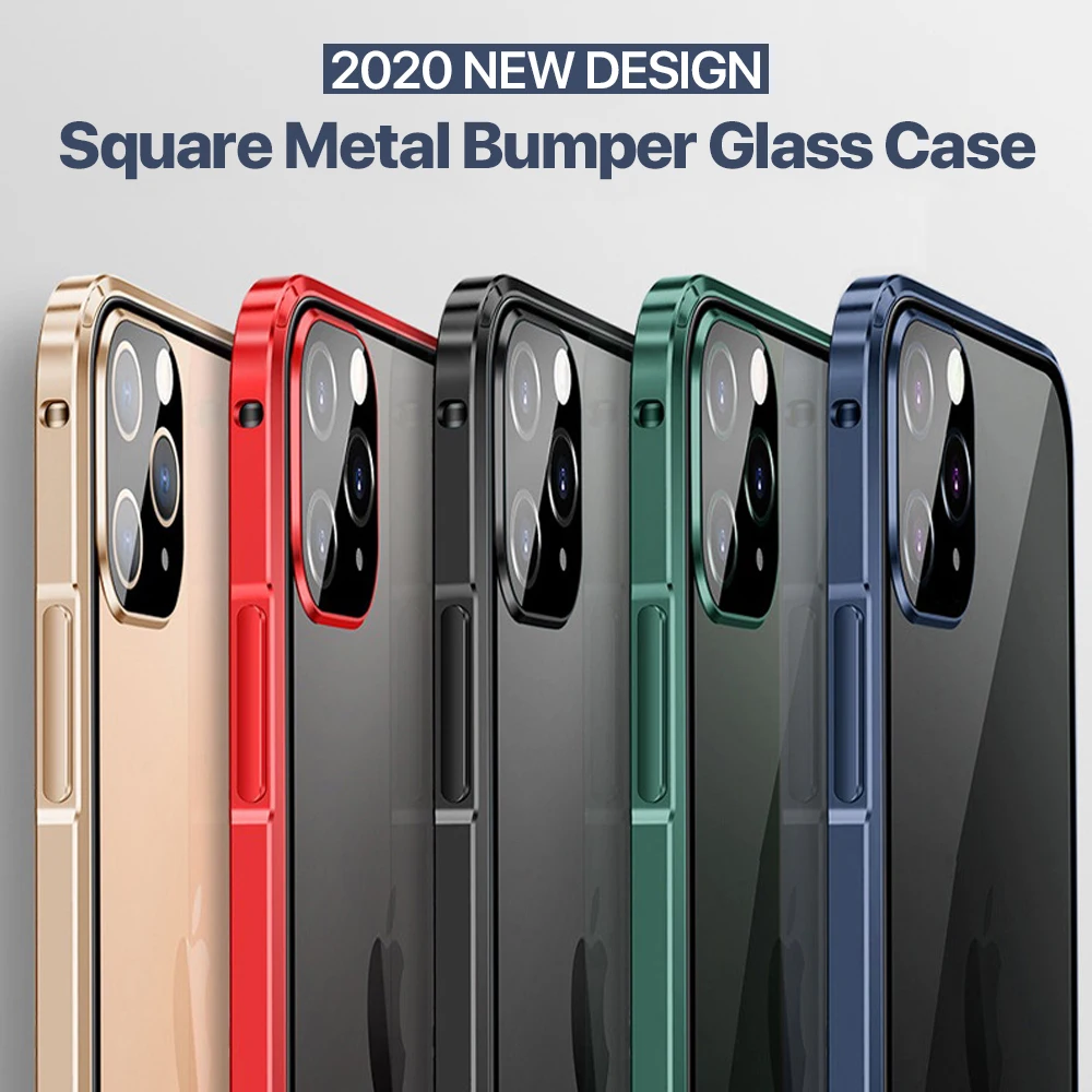 

Luxury Square Metal Aluminumm Bumper Case For Iphone 11 Pro Max Transparent Tempered Glass Camera Protection Phone Back Cover