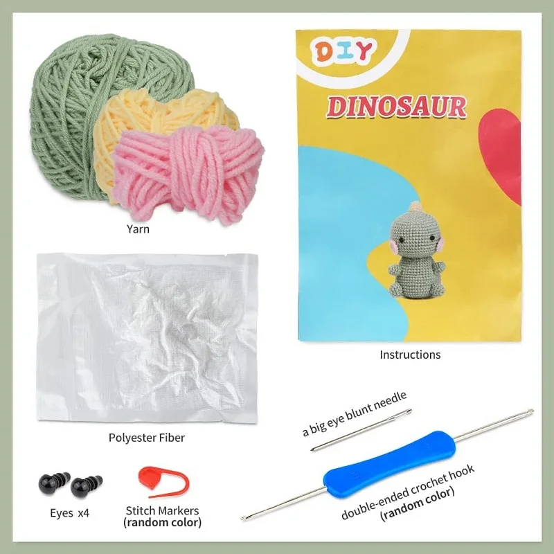 BUDDUR Dinosaur Crochet Knitting Kit Instruction Cotton Yarn Thread Doll Making DIY Handmade Craft Accessories Set