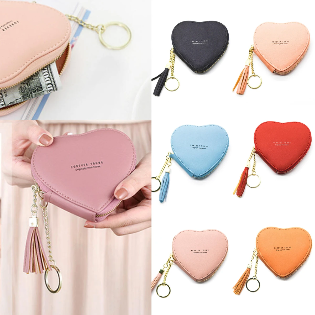 

Heart Shape Wallets PU Leather Mini Zipper Money Bag Small Coin Purse