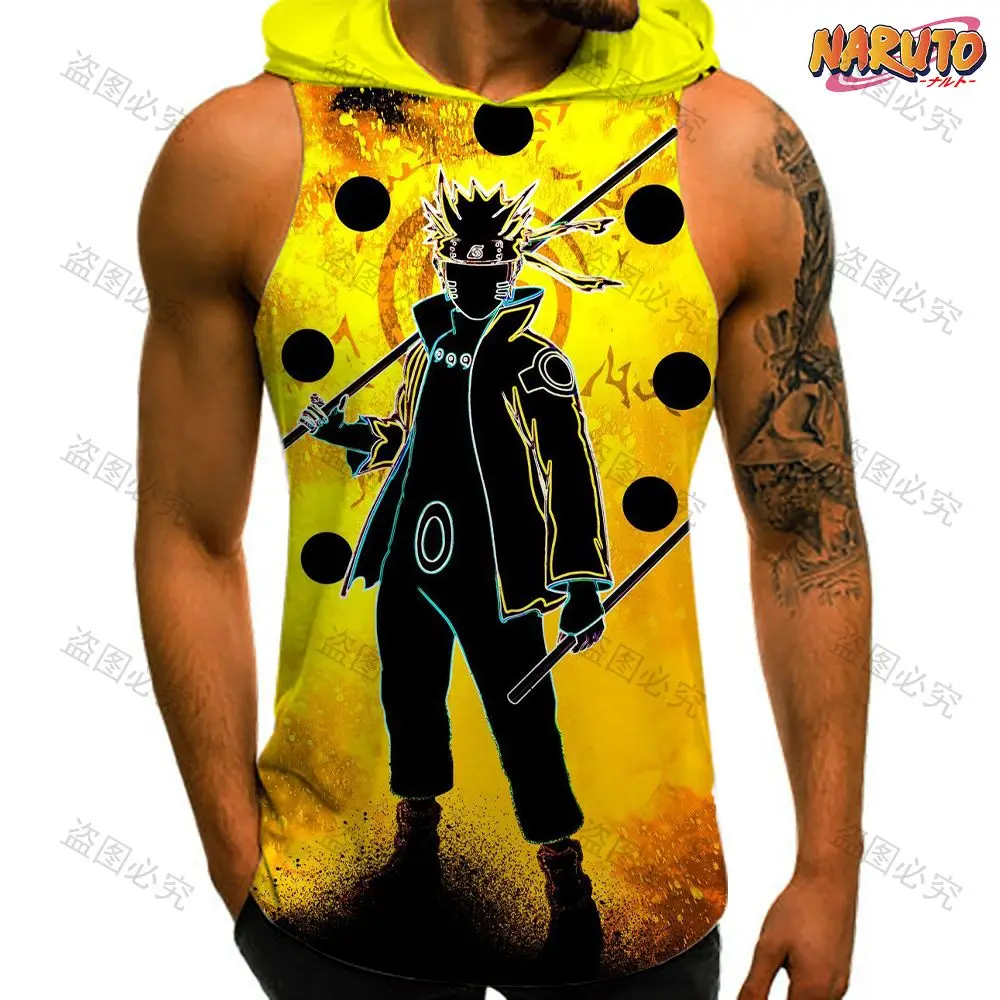 Hooded Vest Gym Clothing Men Trend Naruto Men's T-shirts Essentials Sleeveless Harajuku Style Man Shirt Oversized Clothes 2023