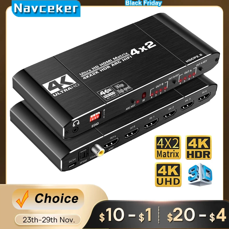 2023 Best Hdmi Matrix 4X2 4K 60Hz Hdr Hdmi Arc Switch Splitter 4 In 2 Out Optical Spdif + Jack Da 3.5Mm Audio Hifi Hdmi Switcher
