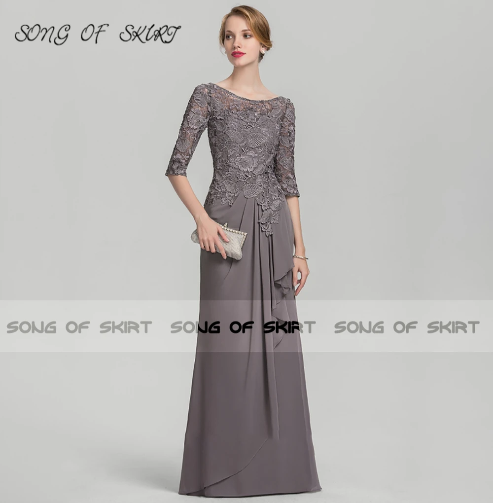 Mother Of Bride Dresses Grey Mermaid Long Lace Chiffon O Neck Mom Wedding Guests Evening Formal Gown