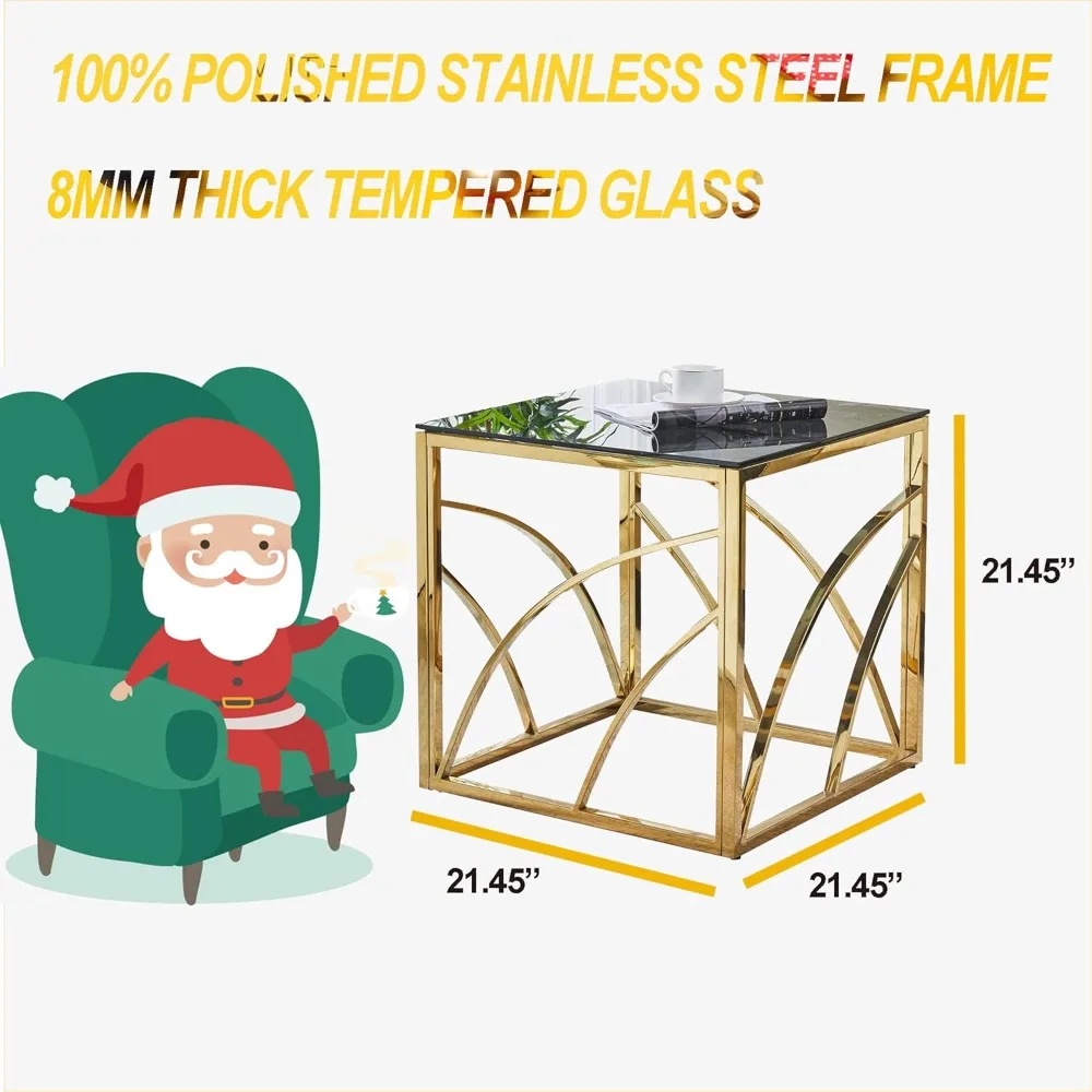 Accent Glass End Table Gold- Set of 1 Modern Square 21.45" Coffee Table Tempered Glass with Stainless Steel Frame, Sleek Side Ta 2