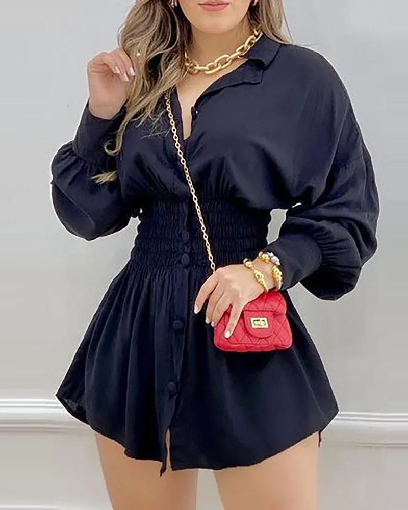 Fashion Women Casual Solid&Letter Waistband Letter Print Shirred Lantern Sleeve Buttoned Shirt Dress Women Clothing