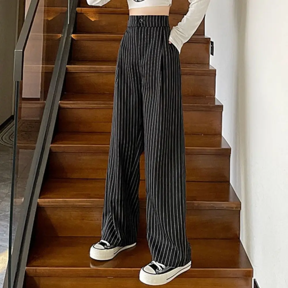 Loose Stripe Straight Leg Pants High Waist Autumn Casual Pants Women Workout Trousers Drape Feeling Striped Suit Pants Female