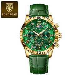 Luxury Men's Waterproof Chronograph Watch with Luminous Display and Leather Strap (Gold Green)