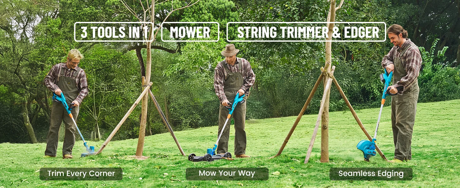 3 Tools In 1: Lawn Mower, String Trimmer, Edger