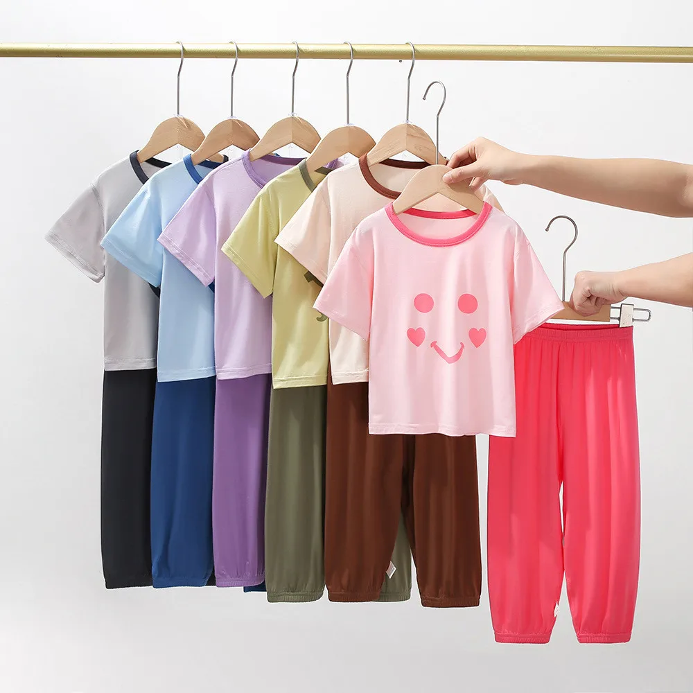 

Детская летняя повседневная одежда От 2 до 16 лет для девочек, мягкие качественные длинные брюки из модала, короткая рубашка, 2 шт., домашняя одежда, пижамные костюмы