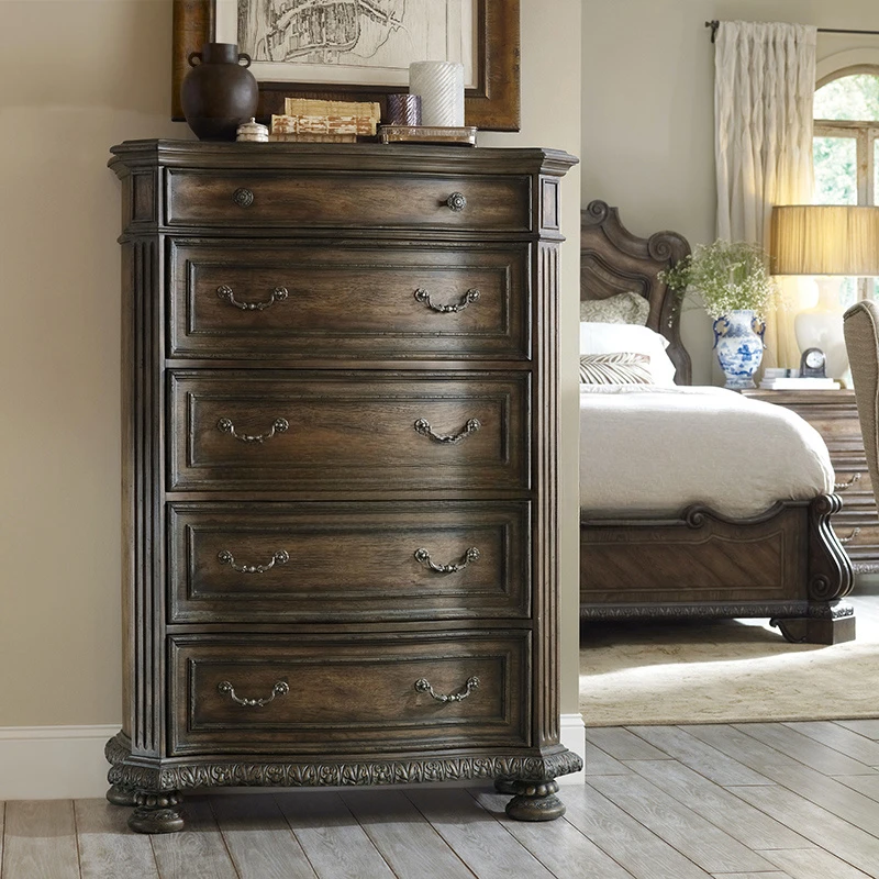 

Customized American country master bedroom, solid wood, antique carving, old Commode, villa bedside cabinet