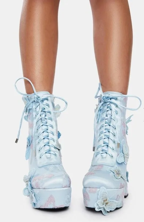 Chunky Platform Ankle Sneaker Lace Up - Light Blue