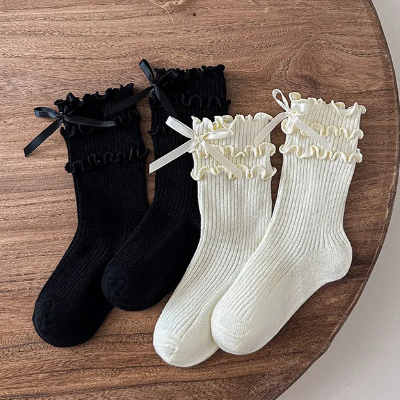 Girls Sweet Cute Ruffle Lace Bows Socks Korean Princess Socks for Children White Black Bow Toddler Cotton Lolita Ankle Socks