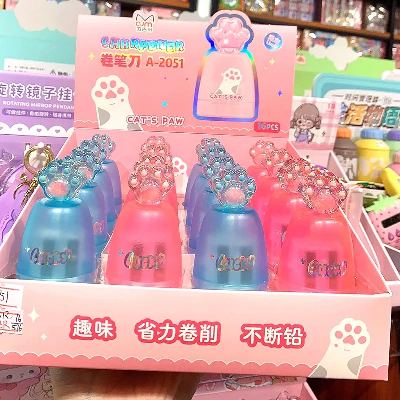 창의적인 크리스탈 고양이 발 연필 숫돌, 더블 홀 핸드 기계식 커터 나이프, 문구 선물, 학용품, 16 개/로트
