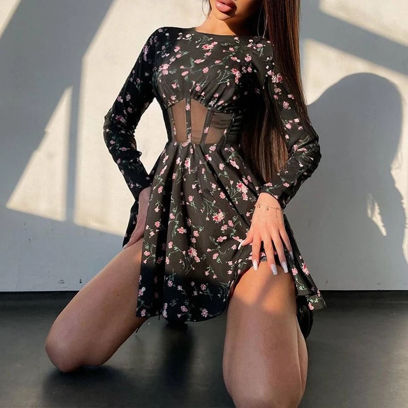 

Fashion O-neck Long Sleeve Mini Dress Women Elegant Flower Print Waist Party Dress 2024 Sexy Mesh Hollow Patchwork A-Line Dress