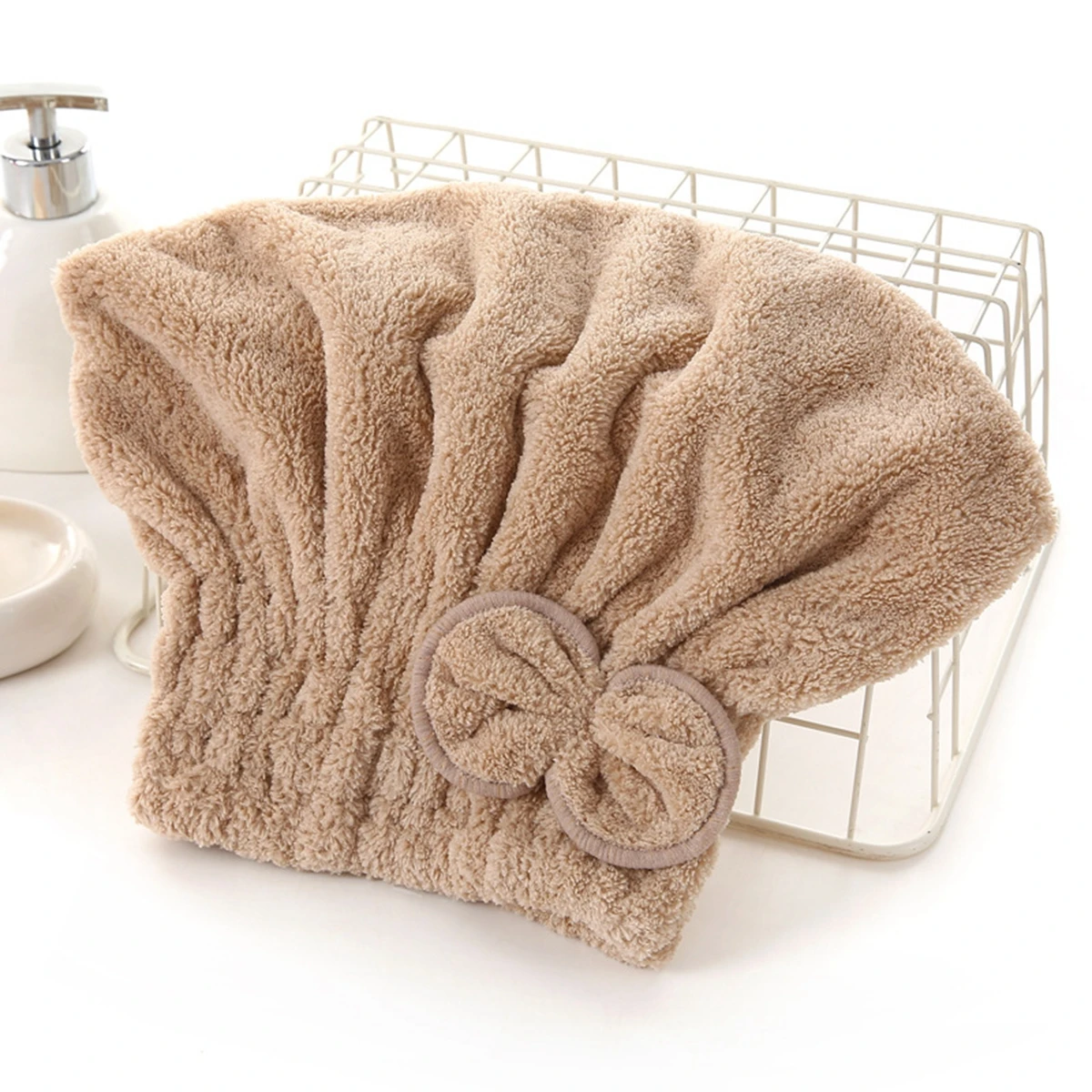 1 pz microfibra asciugamani per asciugare i capelli avvolgere la testa con fiocco cuffia per la doccia turbante per capelli HairWrap cuffia da bagno per capelli ricci lunghi e bagnati regalo - immagine 3