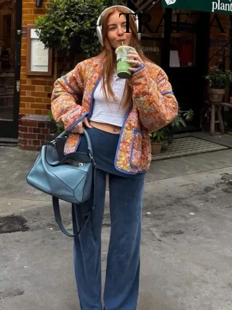 

TRAFZA Women Fashion Winter Coats Blue Hemming Quilting Loose Cotton Coats Female Casual Elegant Outerwear Women's Clothing