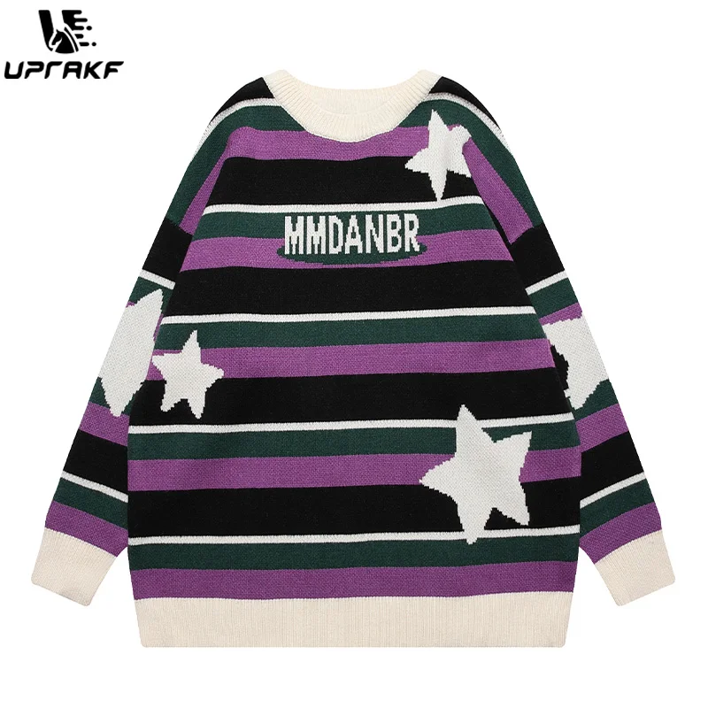 UPRAKF Striped Colorful Sweater Lapel Knit Autumn Loose All-Match Round Neck Winter Tops Trendy Pullovers