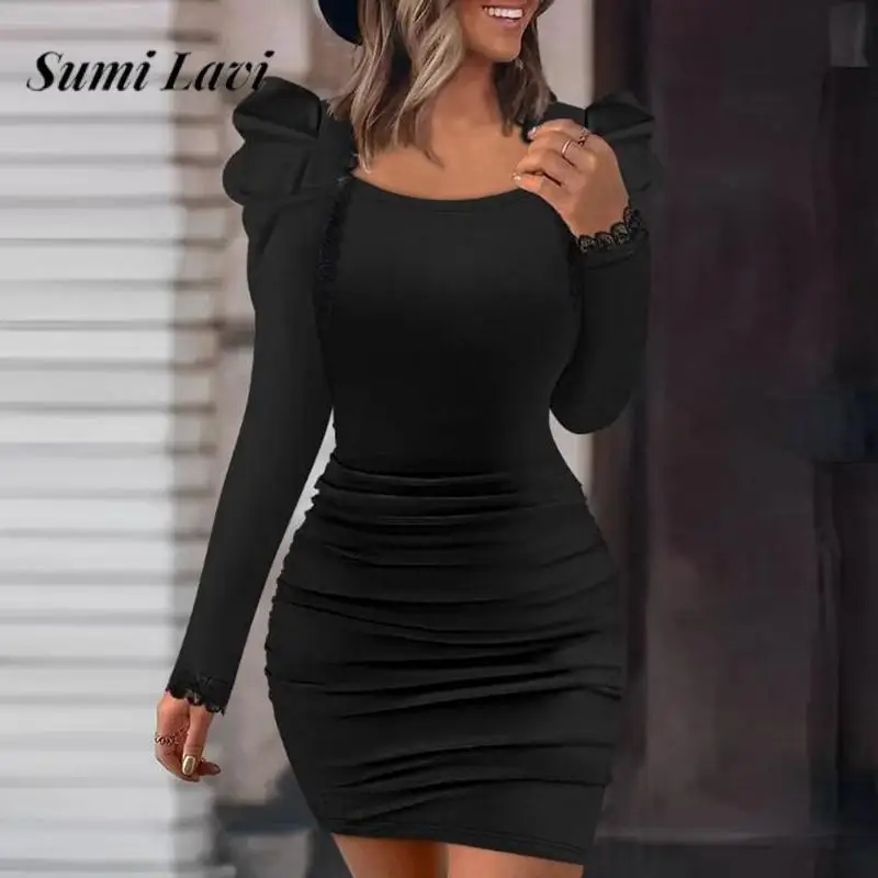 

2023 New Elegant U Neck Solid Color Pleated Dress Autumn Ladies Lace Patchwork Dress Fashion Street Slim Fit Butt Bag Mini Dress