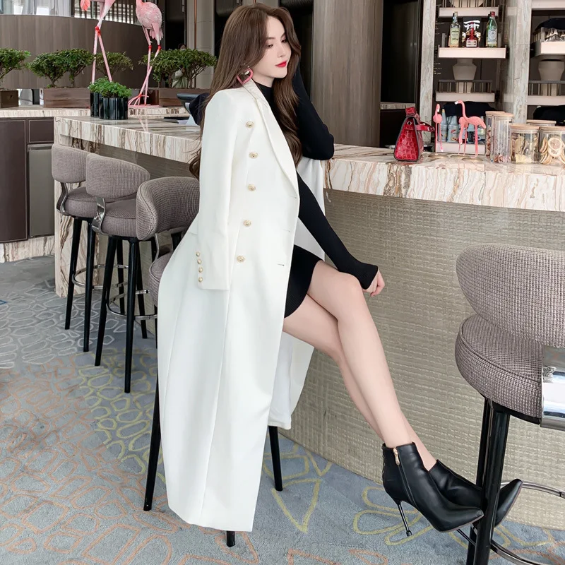 

White trench coat women's long temperament over the knee fashion slim fashion suit style early winter coat ins4484