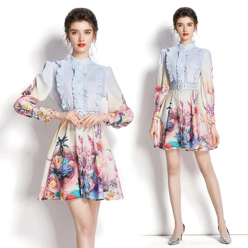 

New Designer Dress Floral Print Stand Collar Long Sleeve Fungus Edge Single-breasted Women Casual Sweet Belt Tunic Mini Dress