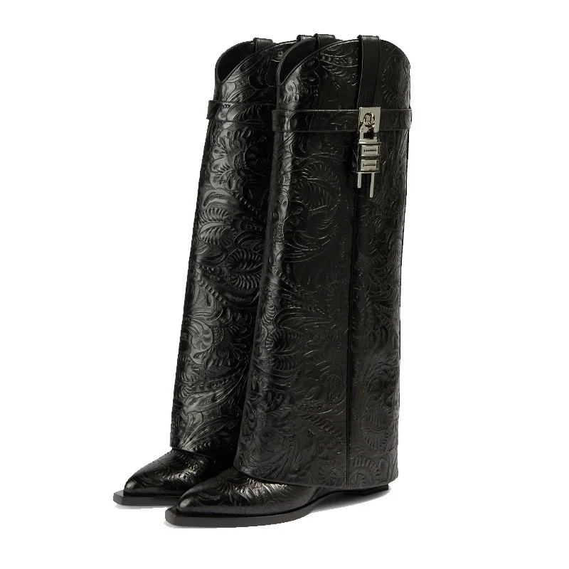 

fashion autumn winter boots women fashion shark lock knee high boots woman folded leather wedge double barrel runway boots black