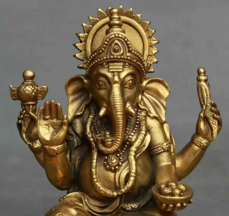 Tibet Pure Bronze Buddhism 4 Arms Mammon Ganapati Elephant God Buddha Statue