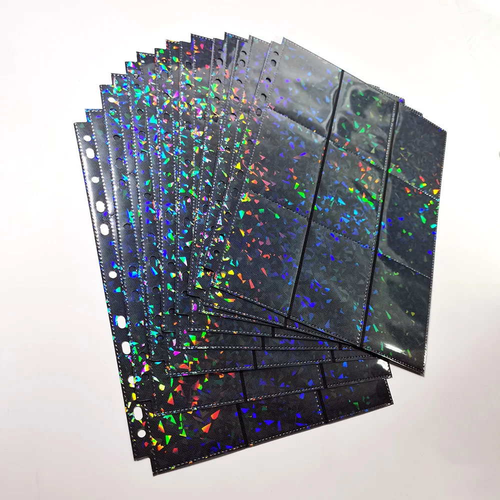 30Pcs 9 Pocket Trading Card Holographic Storage Album Foil Pages 11 Holes Fit 3 Ring Binder Side Loading Laser Idol Card Holder 6