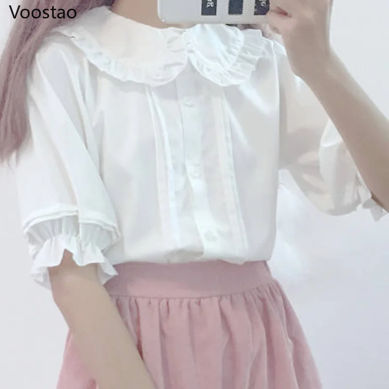 

White Lolita Shirt Kawaii Peter Pan Collar Preppy Style Chic Blouses Women Sweet Ruffles Short Sleeve Tops Girly Fashion Clothes