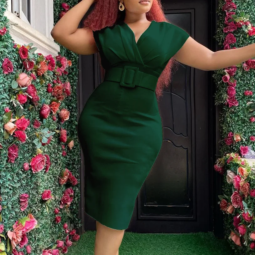 Plus Size Women Formal Dress Solid Sleeveless Belt Elegant Dress Office Lady Luxury Cloth 2022 Fall Female Extra Large Outerwear