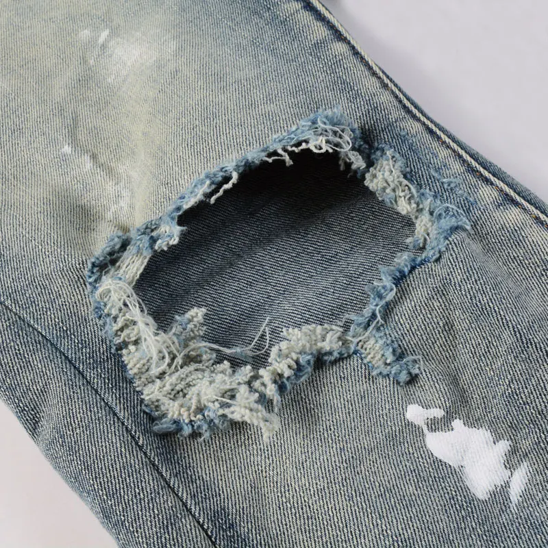 Street Fashion Men Jeans Retro Blue Stretch Skinny Fit Hole Ripped Jeans Painted Designer Elastic Hip Hop Brand Pants Hombre