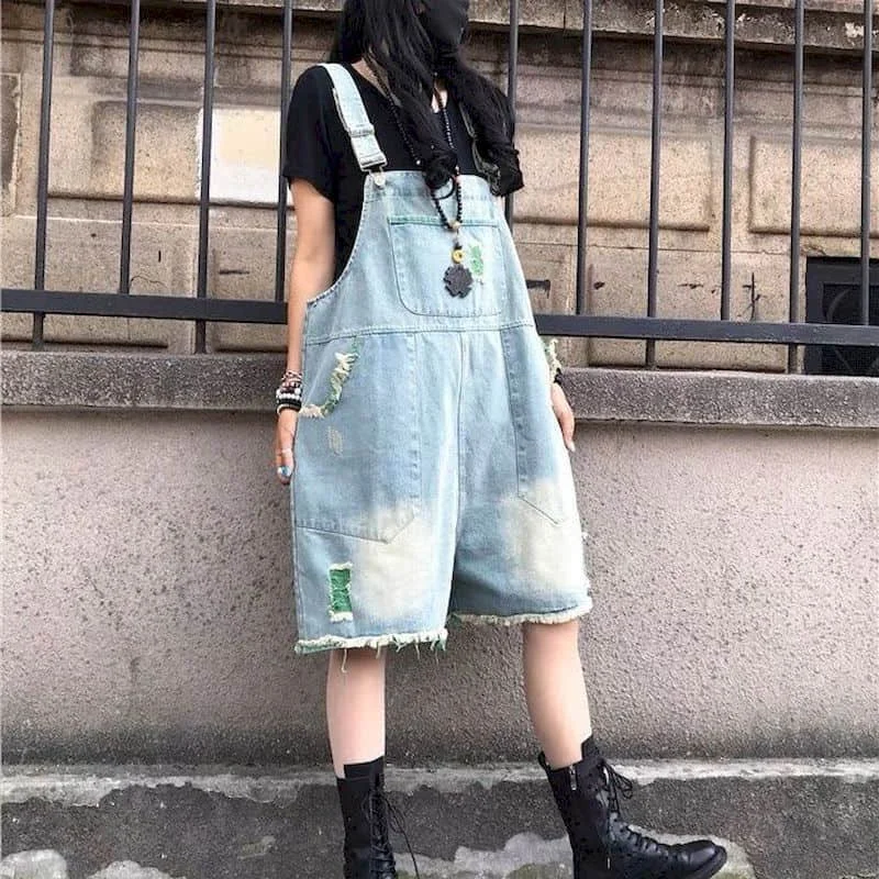 Denim Jumpsuit Women Oversized Loose Shorts Casual One Piece Outfit Women Playsuits Overall for Women Five-point Wide Leg Pants