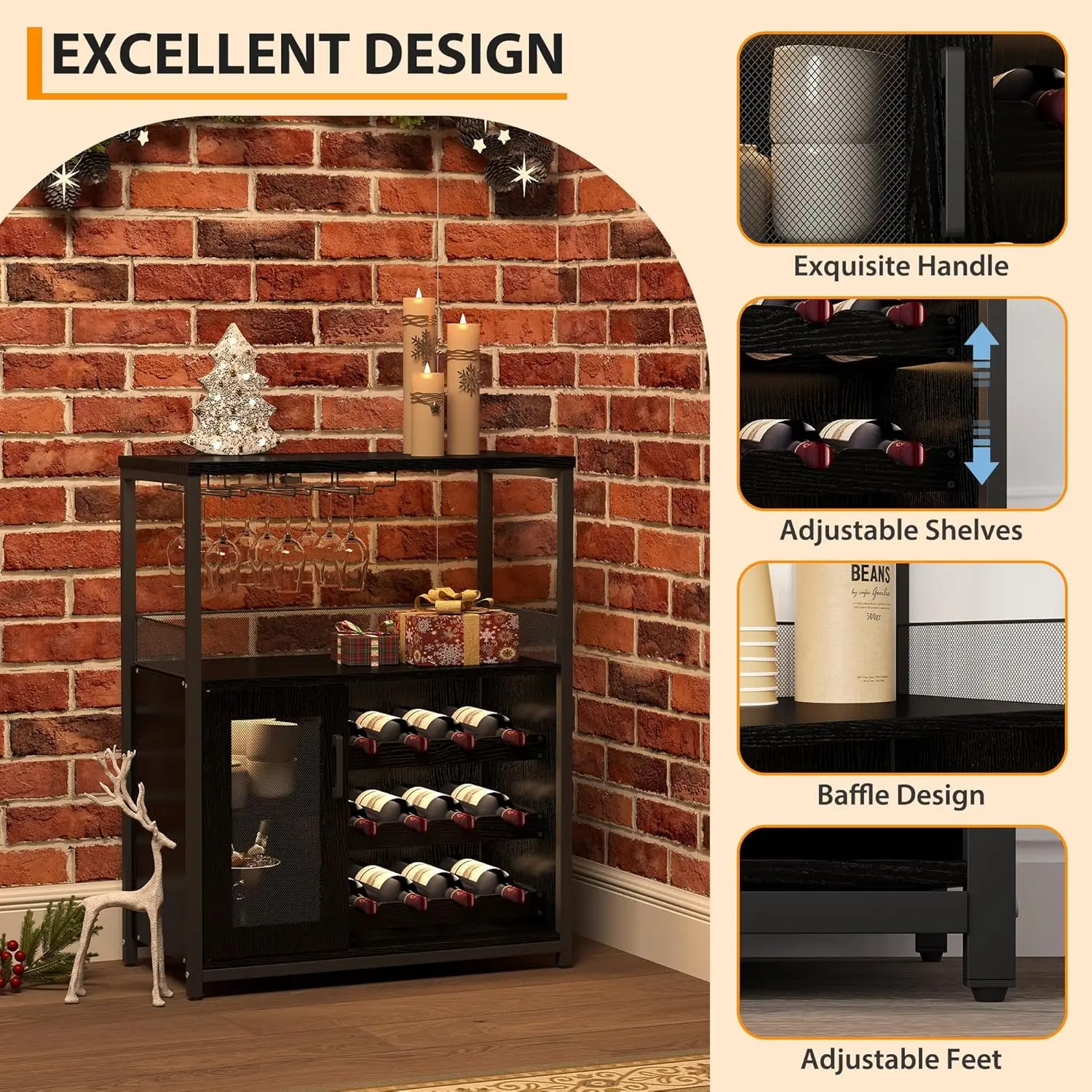 UK Bar Cabinet, Wine Rack Cabinet with Detachable Wine Rack, Adjustable Shelves Coffee Bar Cabinets with Mesh Door and Baffle De