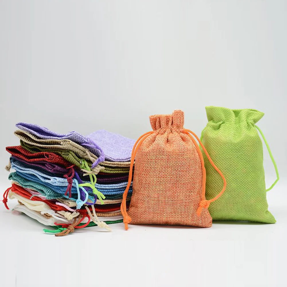 

7*9cm Solid Color Natural Burlap Linen Jewelry Travel Storage Pouch Mini Candy Jute Packing Bags For Gift Drawstring Bag
