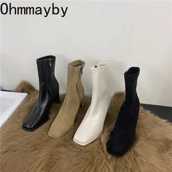 2023 Winter Shoes Heel Ankle Women Boot High Quality Soft Leather Short Boot Zipper Elegant Chelsea Booties Zapatos Muje 1