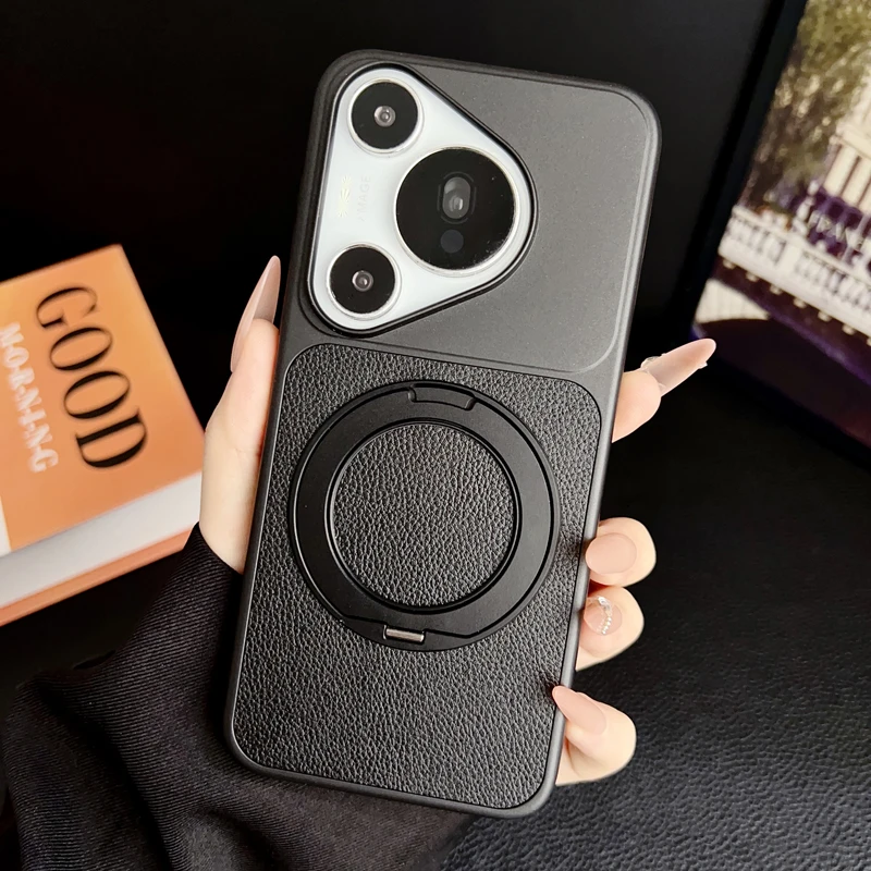 Fashion Magnetic Lychee Texture PU Leather Ultra Thin 360° Rotation Ring Stand Phone Case